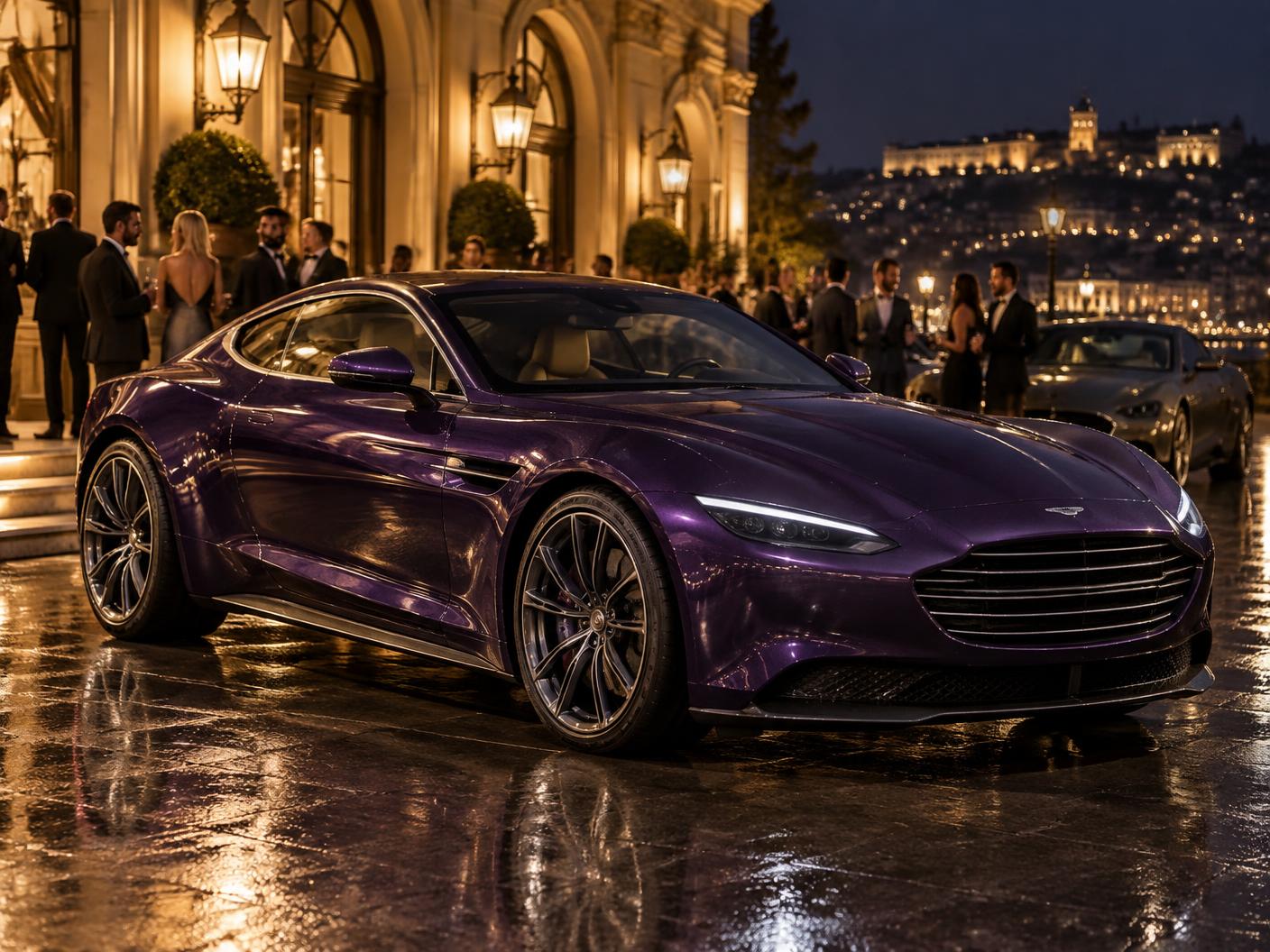 Purple grand tourer at a private night event